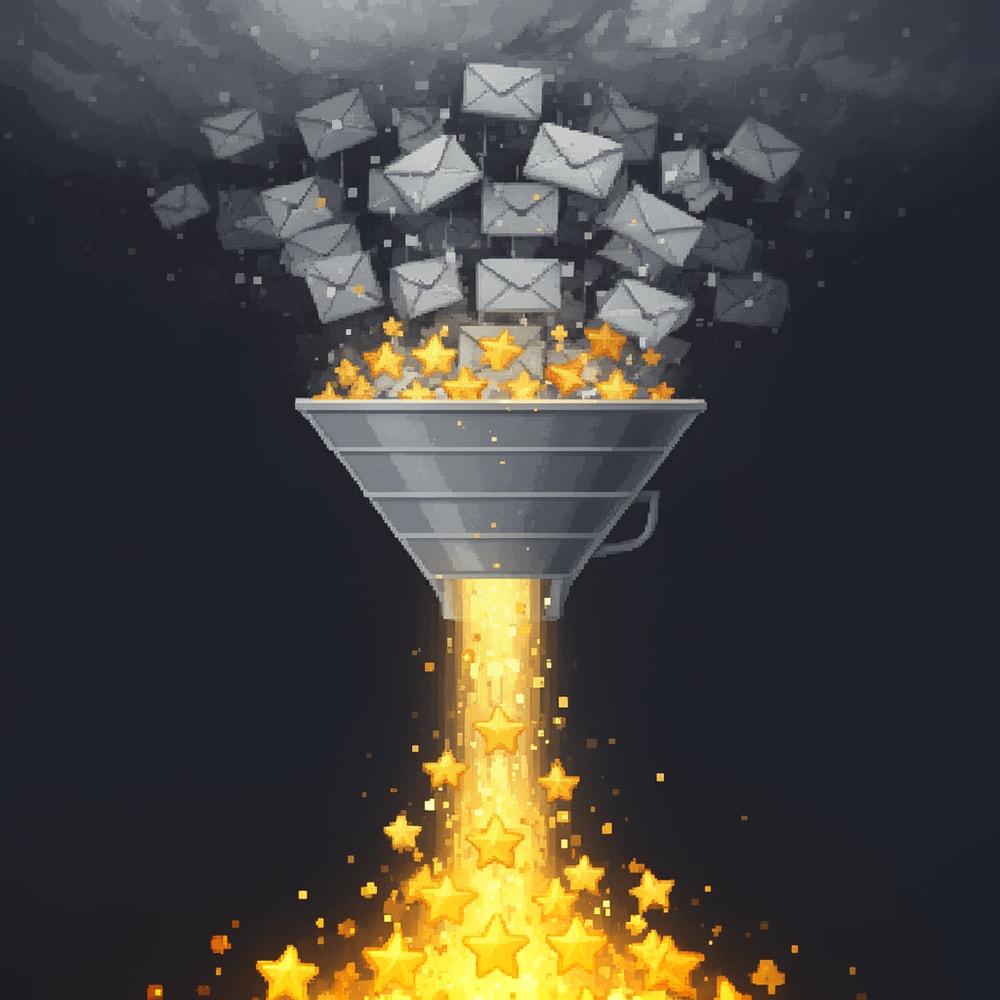 A digital funnel filtering a storm of grey envelopes into a bright stream of golden stars