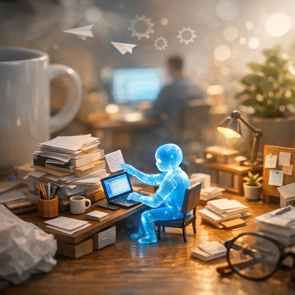 A tiny AI agent helping a founder in a cozy office