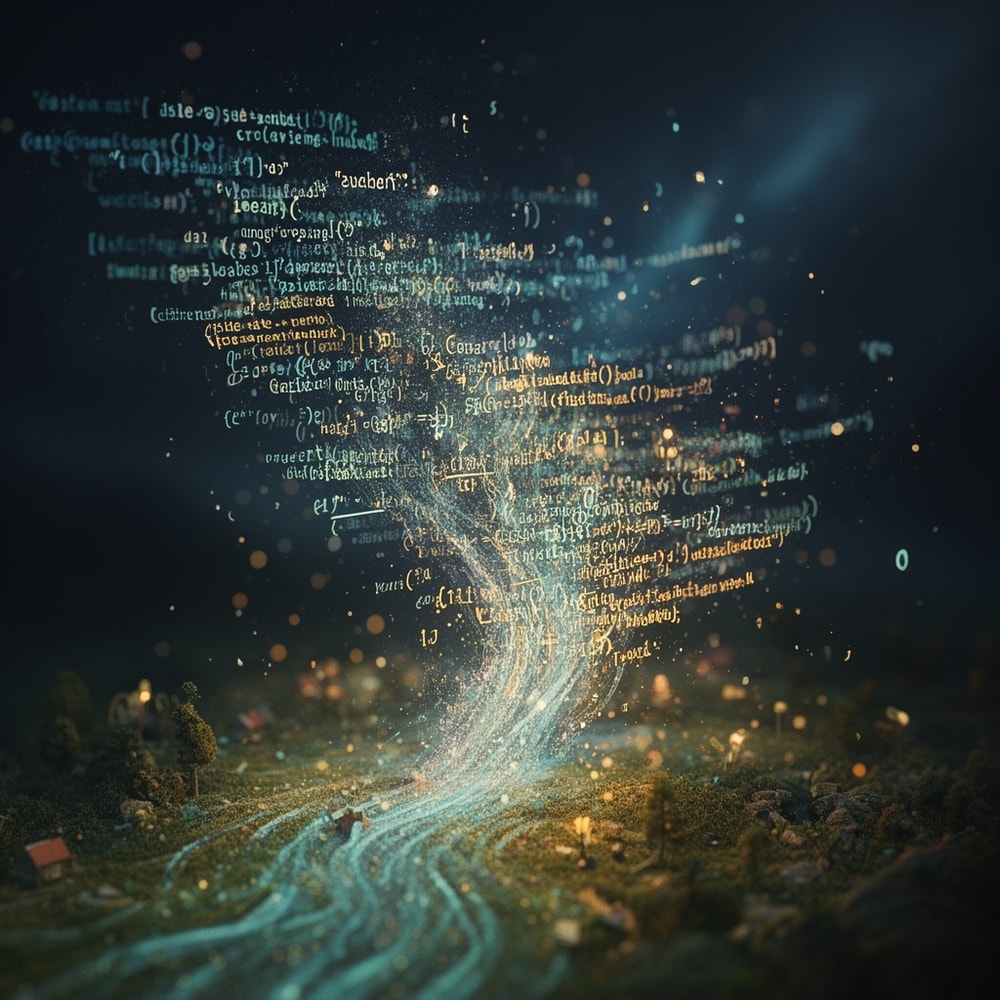 Words dissolving into glowing code